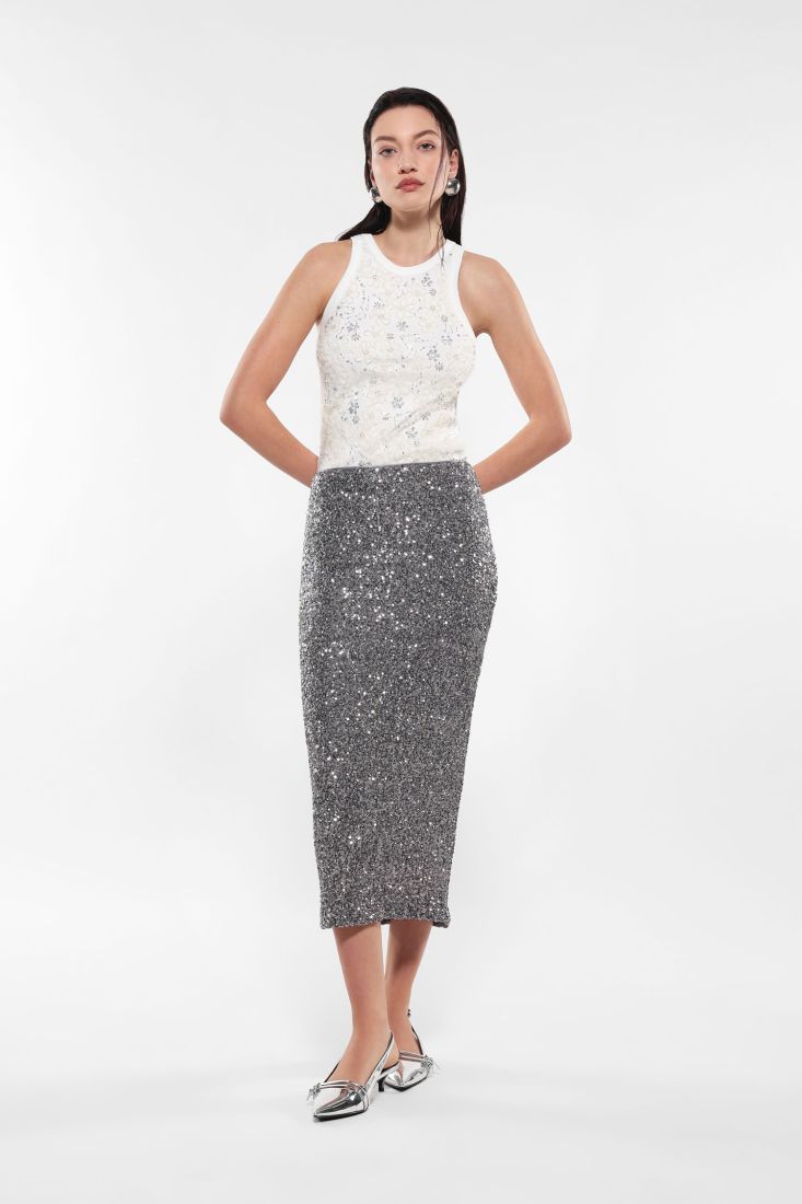 Gonna midi a tubino monocolour con paillettes