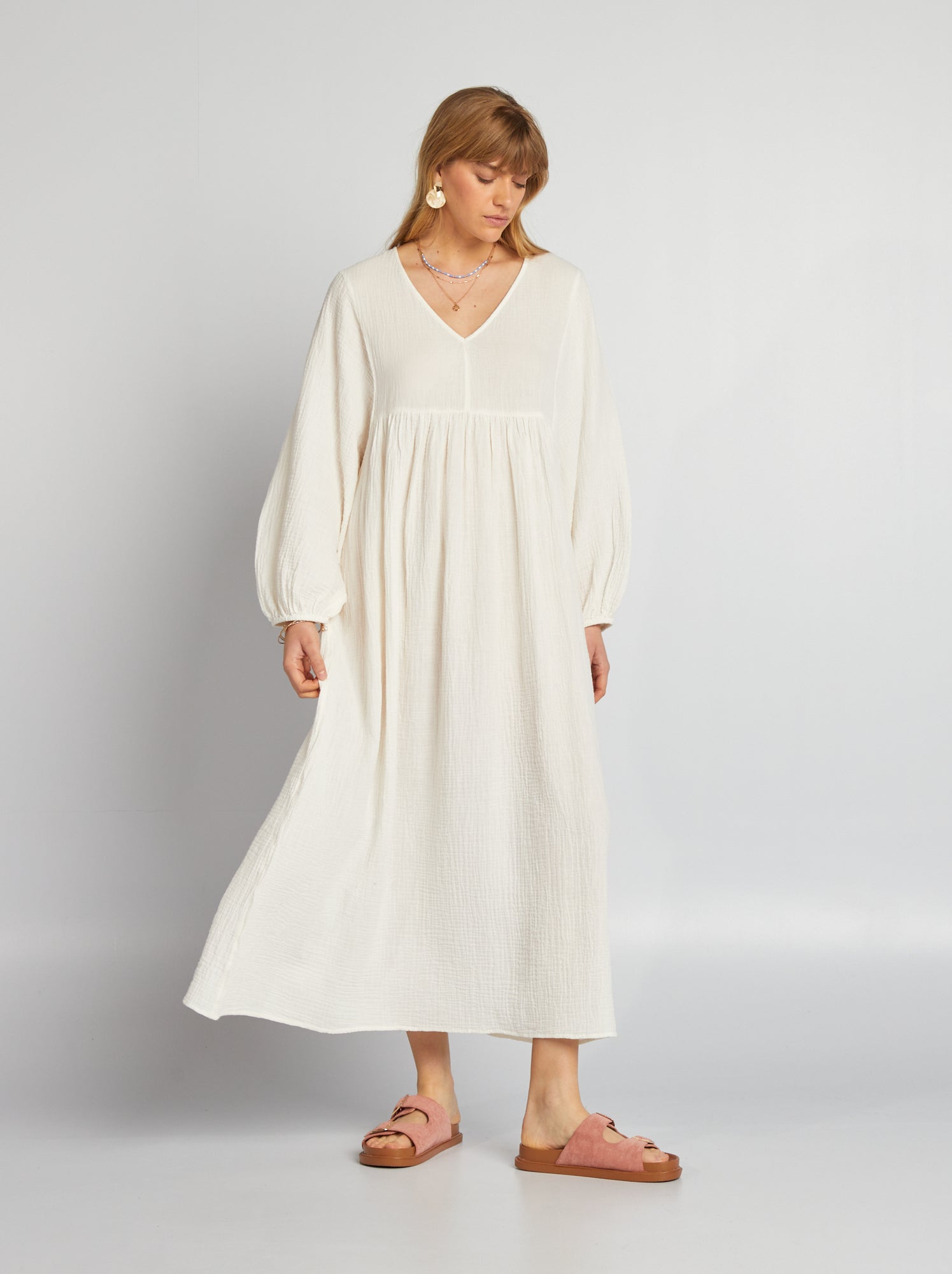 Maxi vestito in doppia garza di cotone - BIANCO
