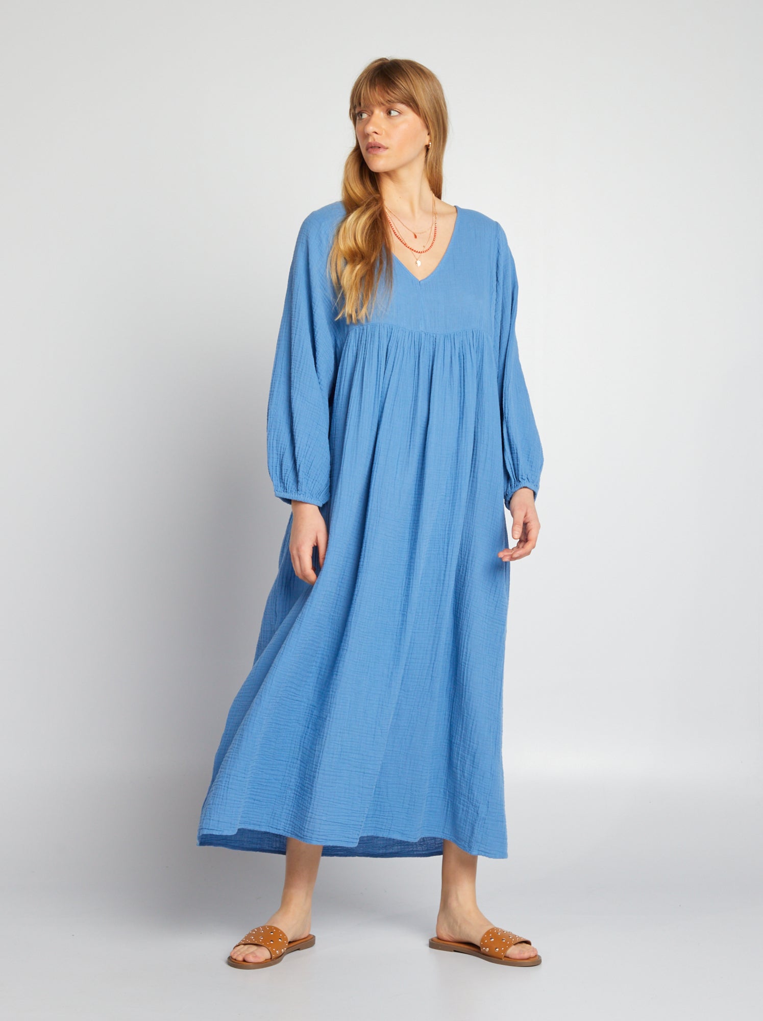 Maxi vestito in doppia garza di cotone - BLU