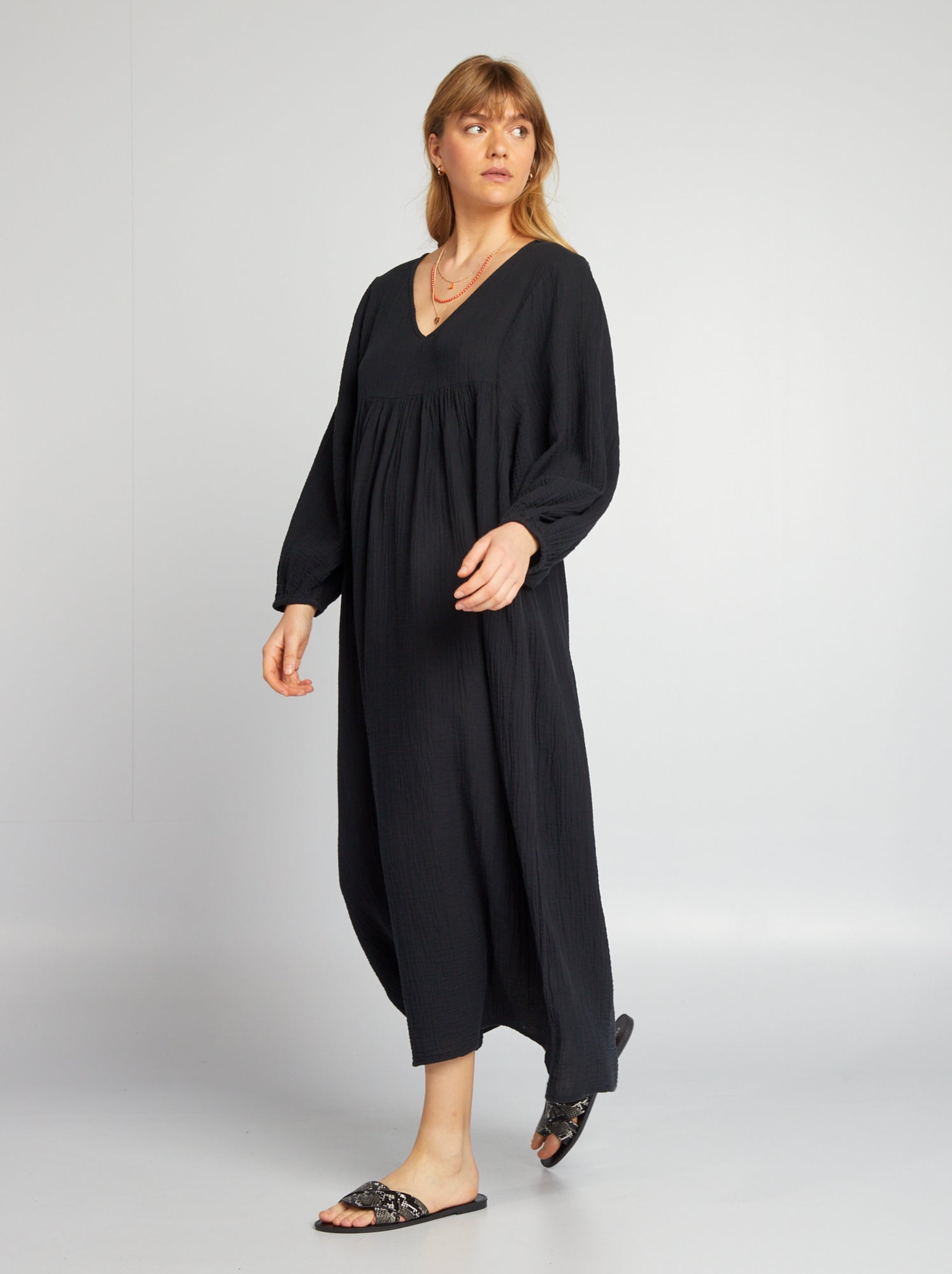 Maxi vestito in doppia garza di cotone - nero