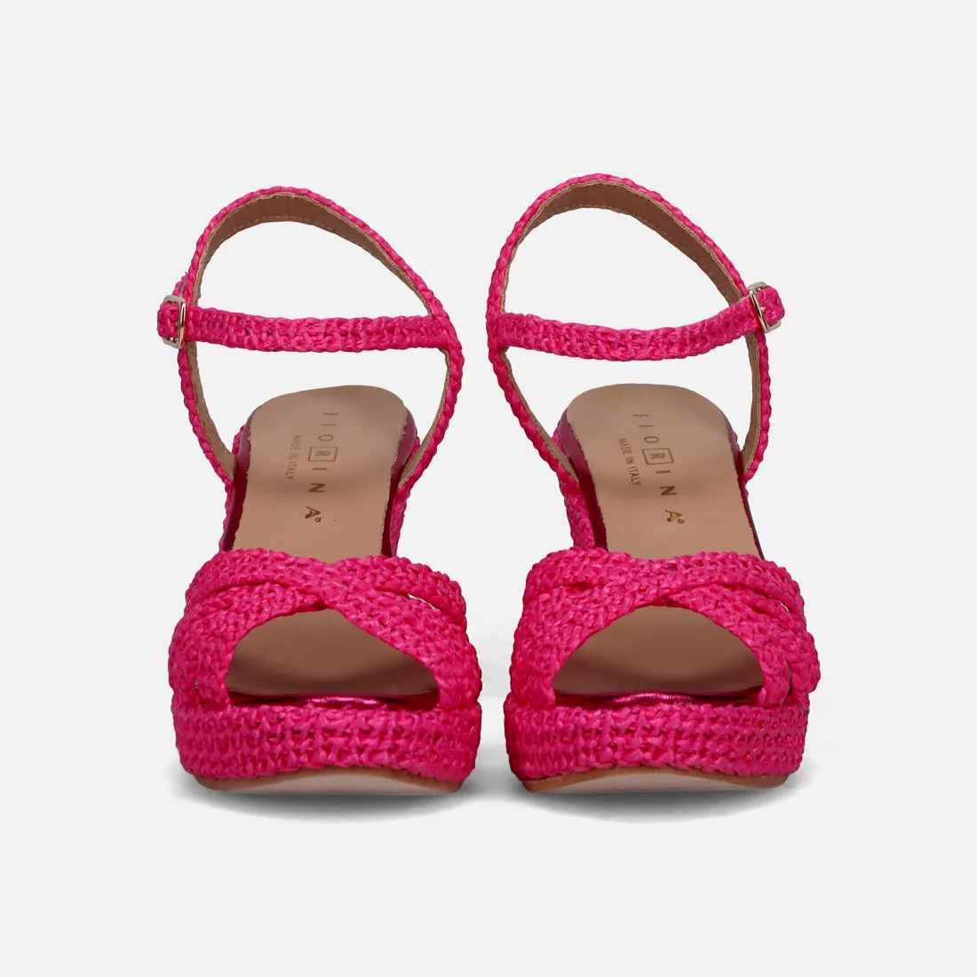 Sandalo Fiorina con zeppa in rafia fucsia