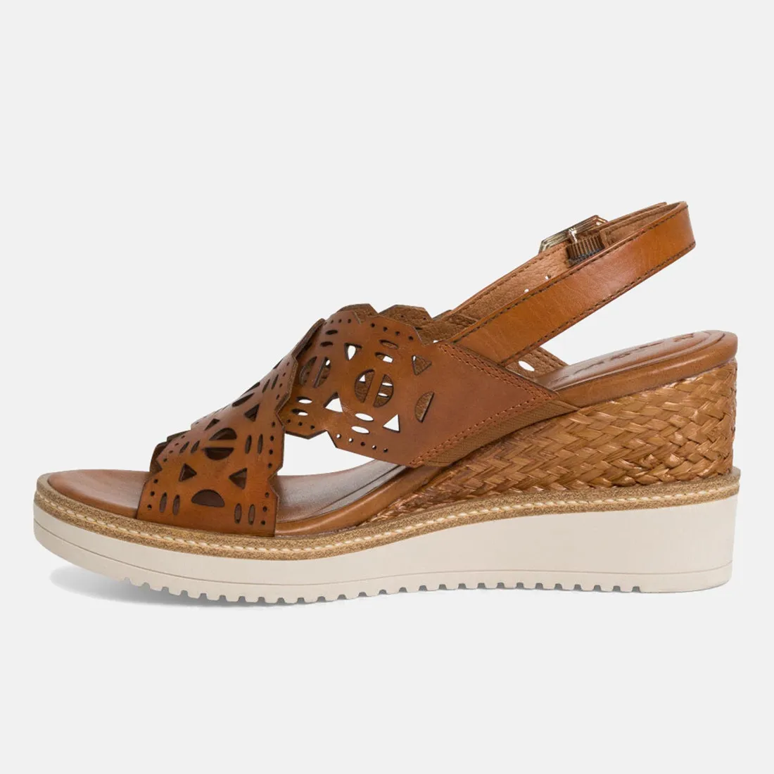 Sandalo Tamaris in pelle cognac con zeppa in rafia intrecciata